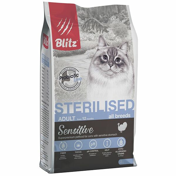 Blitz Sensitive Turkey Adult Sterilised Cat All Breeds с индейкой для стерилизованных кошек 2 кг