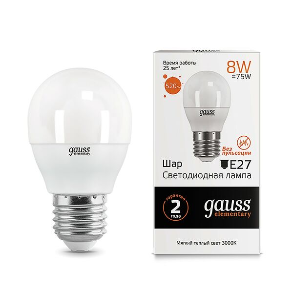 Лампа Gauss Led elementary 8W G45 2700K E27 520lm