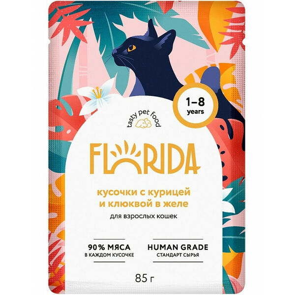 Florida Florida паучи для взрослых кошек: кусочки с курицей и клюквой в желе, 85г