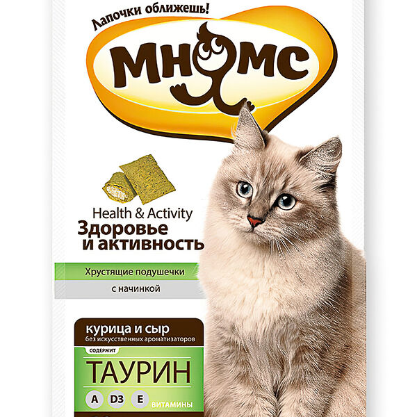 Подушечки хрустящие Мнямс Здоровье и активность для кошек с курицей и сыром 60 г