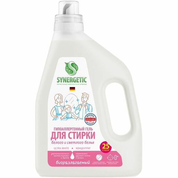 Гель Synergetic Ultra White гипоаллергенный концентрированный для стирки светлого белья, 1.5л