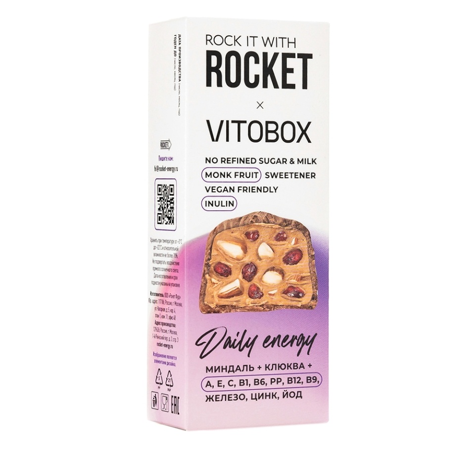 

Батончик с витаминами ROCK IT WITH ROCKET х VITOBOX Daily Energy Миндаль-Клюква 40г, Россия