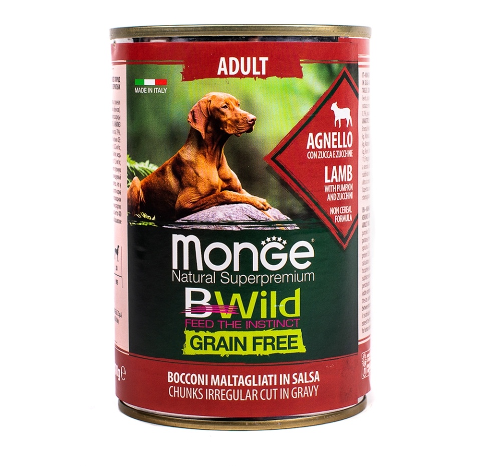 

Корм для собак Monge Dog BWild GRAIN FREE для взрослых собак всех пород, беззерновой, из ягненка с тыквой и кабачками