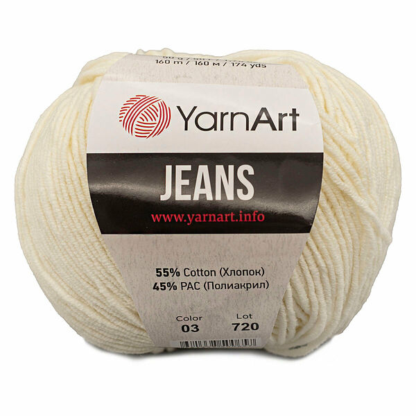 Пряжа YarnArt 'Jeans' 50гр 160м (55% хлопок, 45% полиакрил)(03 молочный), 1 моток