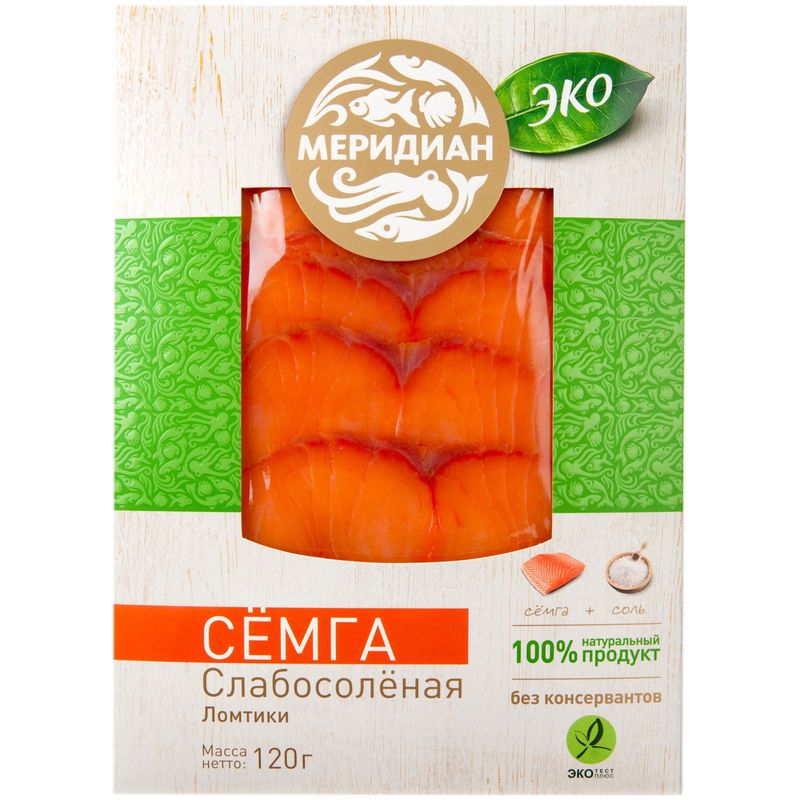 

Сёмга слабосолёная Меридиан Эко ломтики 120 г