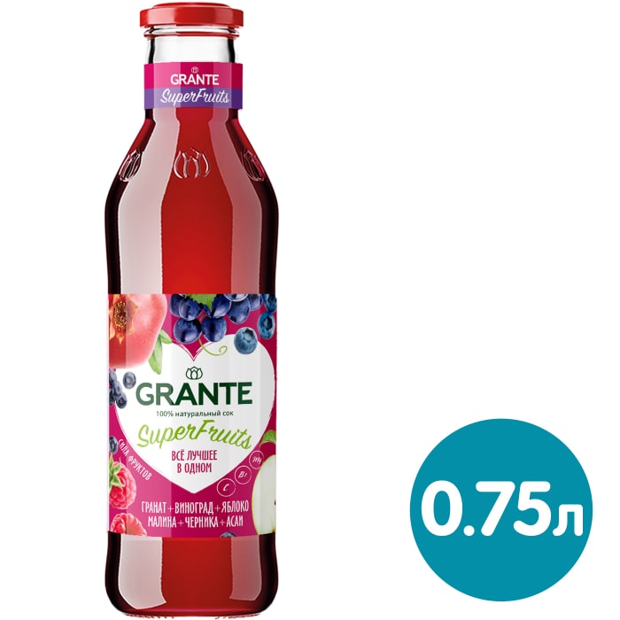 

Сок Grante гранат, виноград, яблоко, малина, асаи с мякотью 750 мл