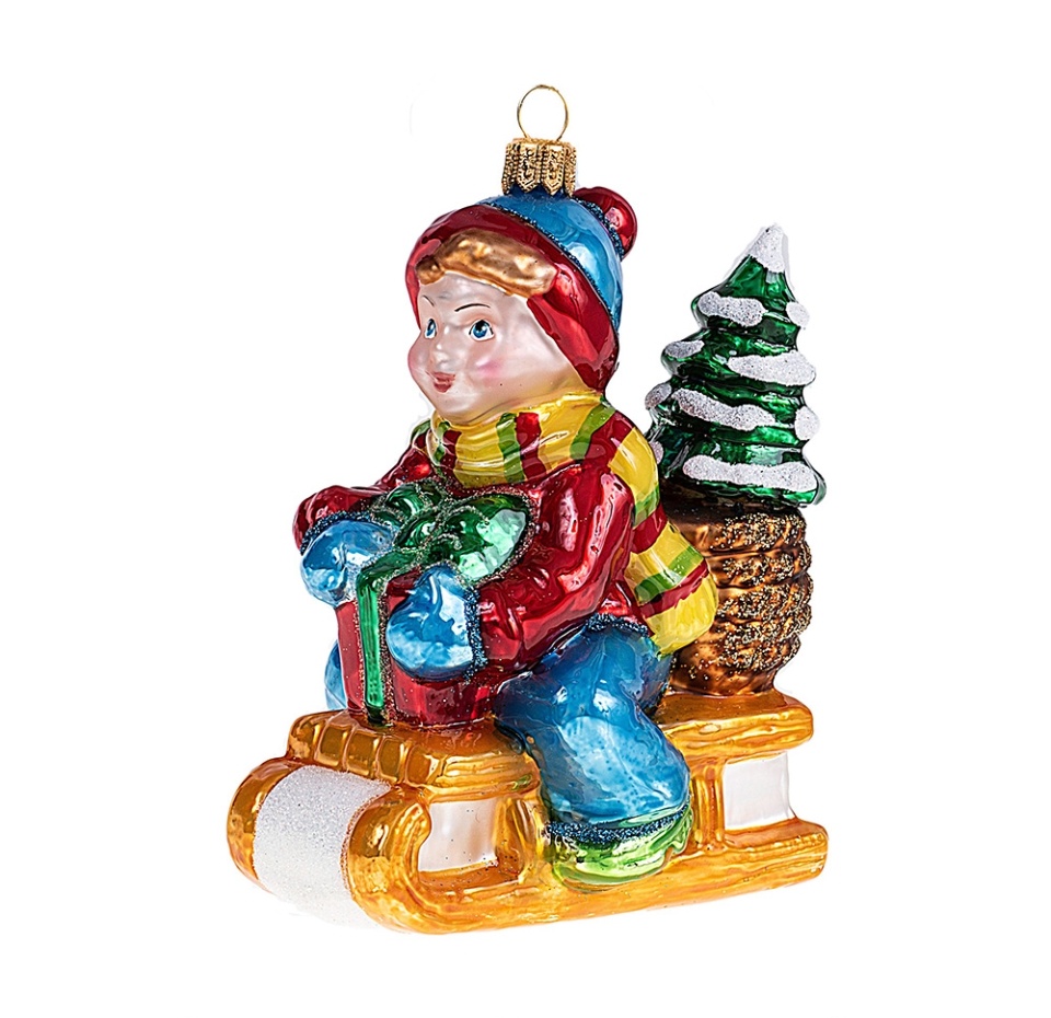 

Игрушка для елки Impuls "Коллекция Традиции" Мальчик на санях с подарком и елочкой 1 шт Польша