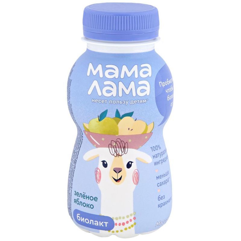 

Напиток кисломолочный Биолакт Мама Лама зелёное яблоко 2,5% 200 г