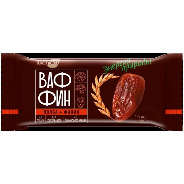 Вафли глазированные Ваффин из Полбы Финик в горьком шоколаде без сахара, 50г