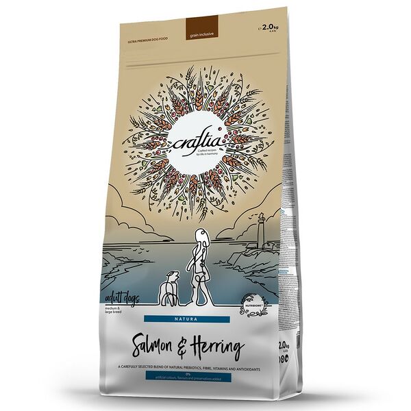 Корм для собак CRAFTIA Natura для средних и крупных пород, из лосося и сельди сухой 2кг