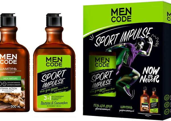 Подарочный набор Men Code Sport Impulse Гель для душа с экстрактами таурина и огурца 300мл + Шампунь для волос Men Nature укрепляющий 300мл