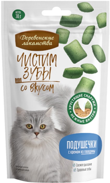 

Лакомство для кошек Деревенские лакомства Чистим зубы Подушечки с кремом из говядины 30 г