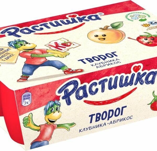Творог Растишка со вкусом клубники и абрикоса 3,5%, 6×45 г