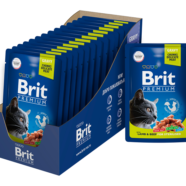 Корм влажный Brit Premium для стерилизованных кошек с ягненком и говядиной, 85 г х 14 шт