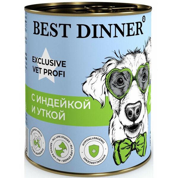 Best Dinner Exclusive Vet Profi Hypoallergenic с индейкой и уткой для профилактики пищевой аллергии у взрослых собак и щенков 340 г