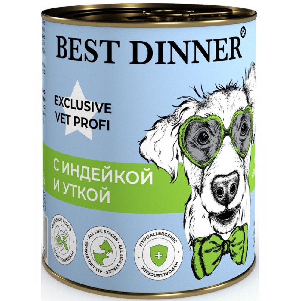 

Влажный корм Best Dinner Hypoallergenic для профилактики пищевой аллергии у собак с индейкой и уткой 340 г