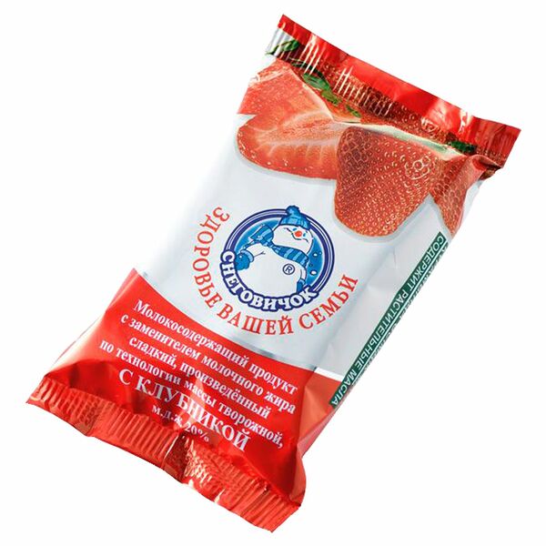 Продукт молокосодержащий СНЕГОВИЧОК с клубникой произведенный по технологии массы творожной сладкий 20% 180г