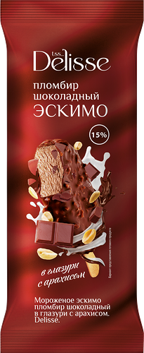 Мороженое Delisse Пломбир шоколадный в глазури с арахисом 15%, без змж, эскимо