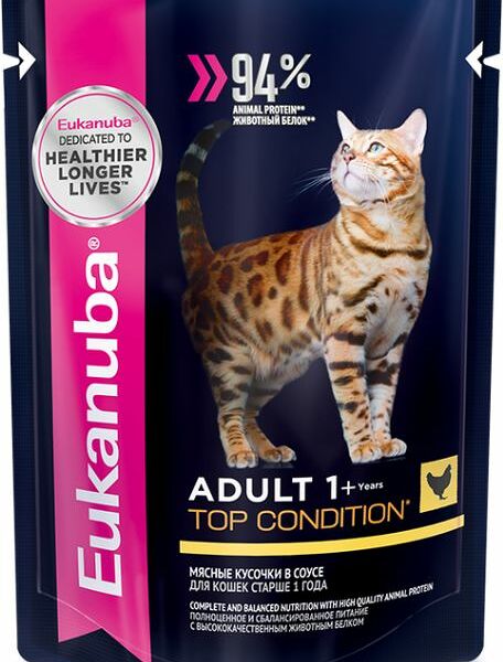 Влажный корм Eukanuba Cat пауч для взрослых кошек кусочки в соусе курица 85 г