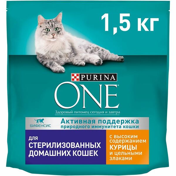 Сухой корм Purina ONE для кошек с курицей и цельными злаками, 1.5кг