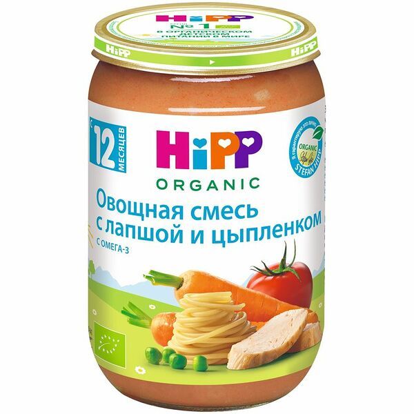 Пюре HiPP Organic Овощная смесь с лапшой и цыпленком, с 12 месяцев