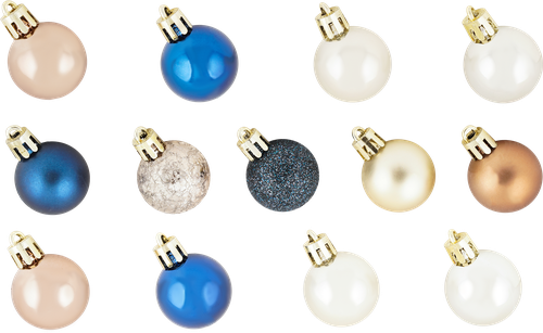 

Набор шаров елочных Homeclub диаметр 3 см синий бронза шампань пластик 54 шт