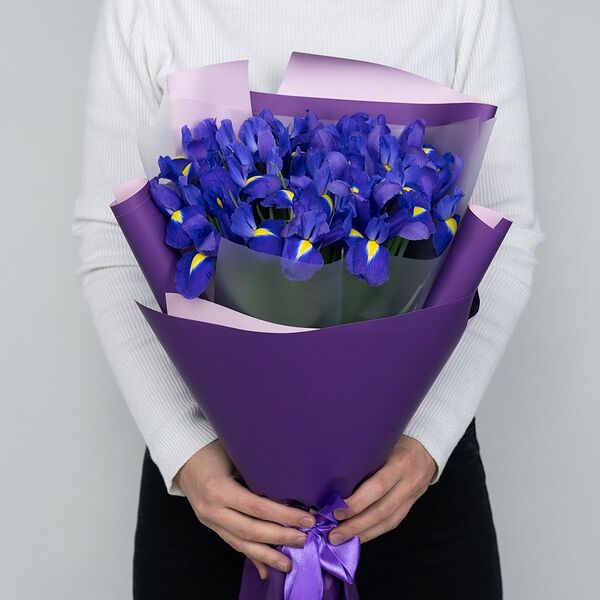 Букет из 15 синих ирисов в стильной упаковке