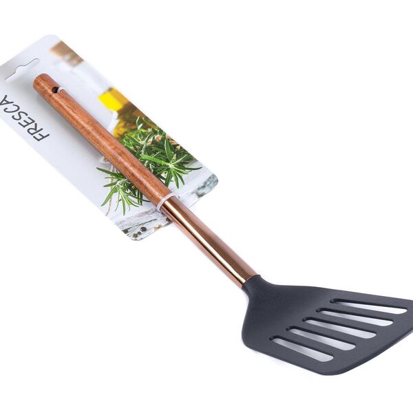 ЛОПАТКА КУХОННАЯ пластмассовая с прорезями термостойкая с деревянной ручкой 33 см (арт. 686243-285, код 176939)