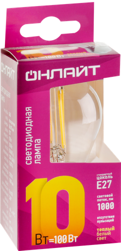 

Лампа светодиодная ОНЛАЙТ 10Вт 2700К Е27 шар, филамент