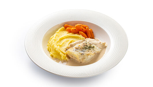 Судак со сливочным соусом Термидор с белыми грибами