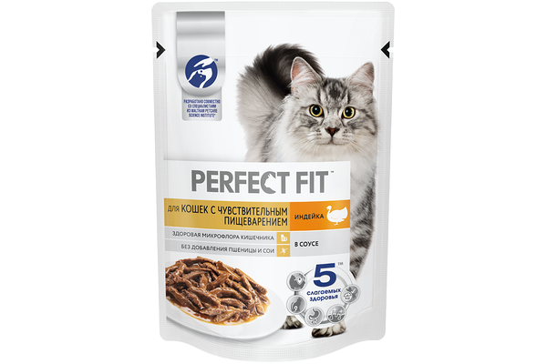 Корм влажный Perfect Fit для кошек с чувствительным пищеварением Индейка в соусе
