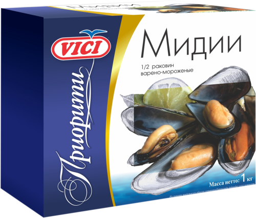 

Мидии варено-мороженые Vici Приорити 1/2 раковин 1 кг