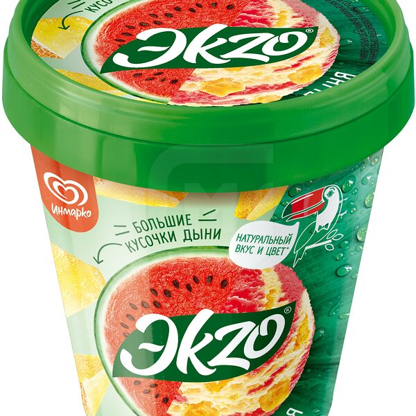 Мороженое молочное со слоем наполнителя сорбет дынный с соком арбуза  и кусочками дыни экзо арбуз-дыня ТМ Инмарко