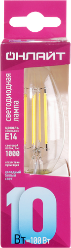 Лампа светодиодная ОНЛАЙТ 10Вт 4000К Е14 свеча, филамент, Арт. 80895