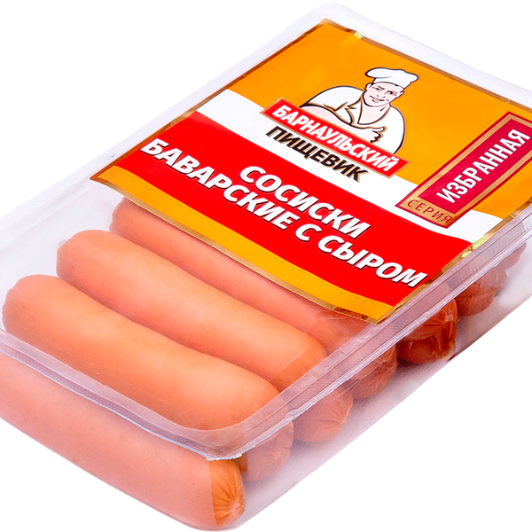 Сосиски БАРНАУЛЬСКИЙ ПИЩЕВИК Баварские с сыром МГС вес до 1.2 кг