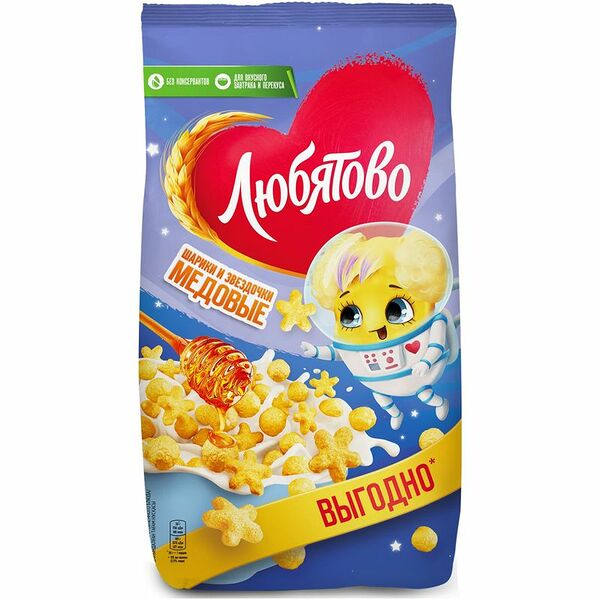 Готовый завтрак шарики и звёздочки Любятово Медовые 420г