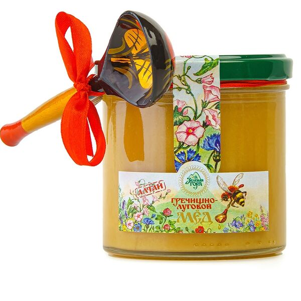 Мёд Алтайский гречишно-луговой с деревянной ложкой, «Зелёная гора»