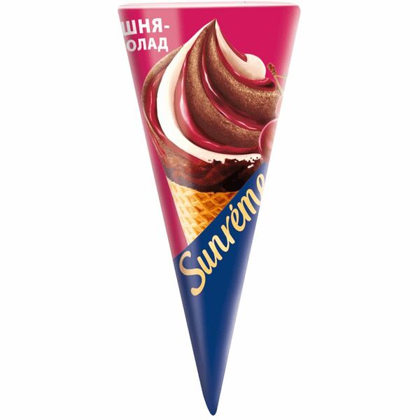 Мороженое Sunreme двухслойное с какао и сливками с вишневым соусом в глазированном вафельном рожке, 77 г