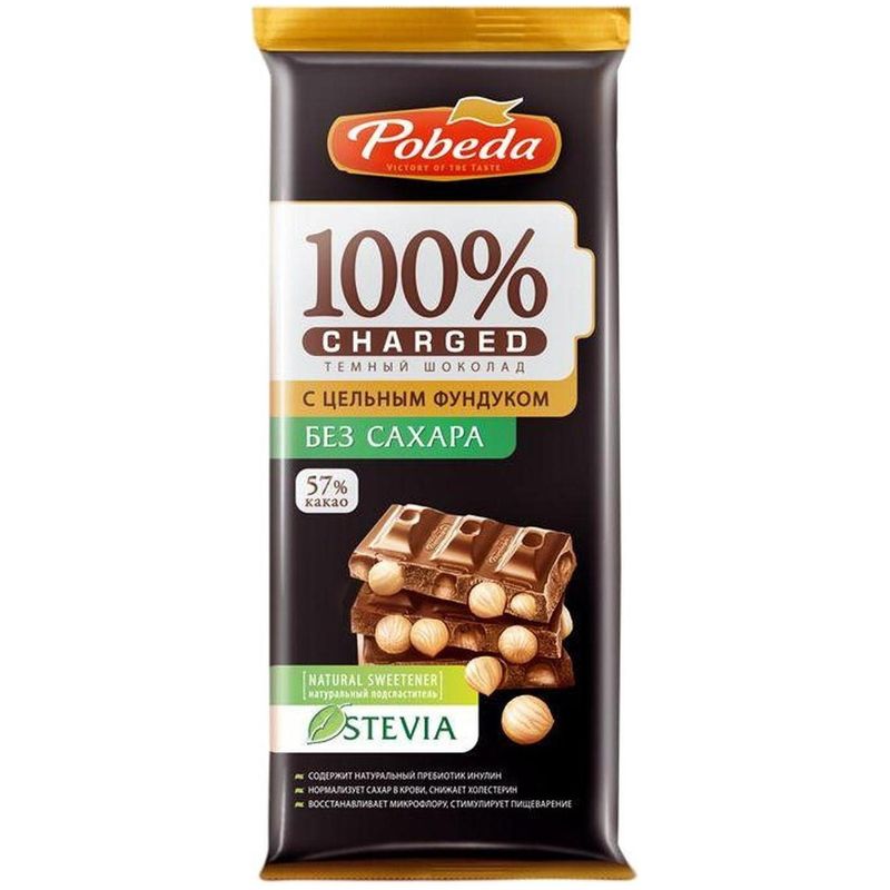 

Шоколад темный Победа вкуса Charged с цельным фундуком, 90 г
