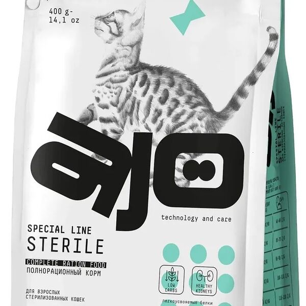 Сухой корм для активных стерилизованных кошек AJO Cat Sterile с высоким содержанием белка, с индейкой и уткой