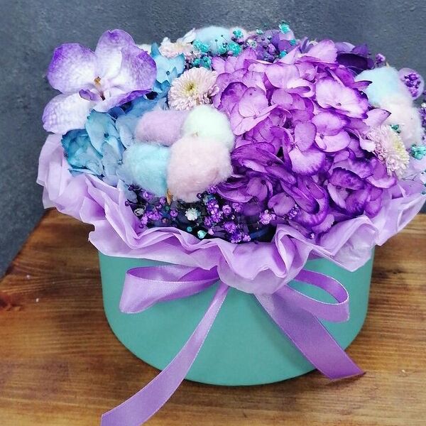 Цветы в коробке гортнзия хлопок гипсофила