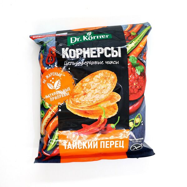 Чипсы цельнозерновые кукурузно-рисовые с тайским острым сладки перцем 50г Dr.Korner