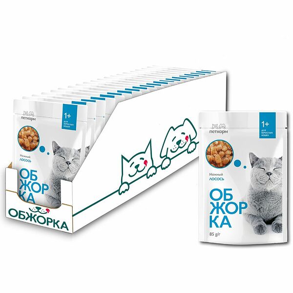 Корм для кошек ОБЖОРКА кусочки в соусе с лососем пауч 85г (упаковка - 24 шт)