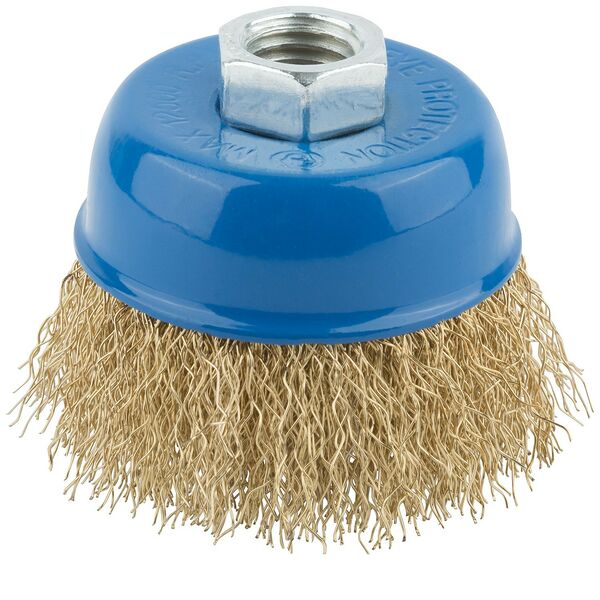 Корщетка чашка, гайка М14, стальная латунированная волнистая проволока 65 мм