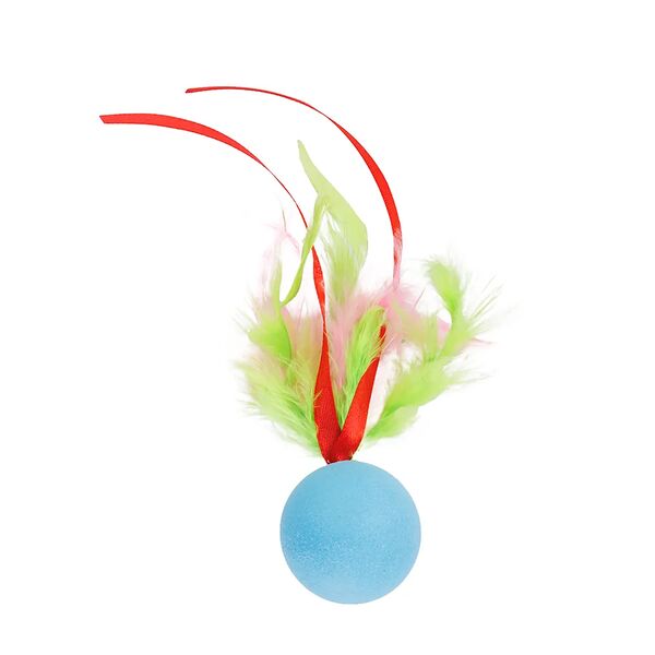 Игрушка для кошек Мячик Нарисуй для кота с пером и лентами, 4 см