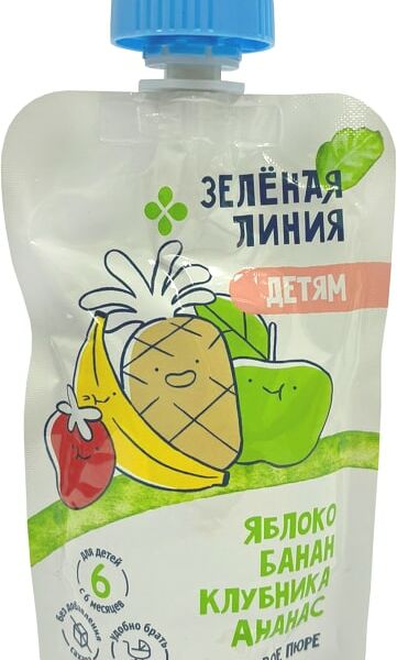 Пюре Зеленая Линия Яблоко банан клубника ананас гомогенизированное с 6 месяцев 90г