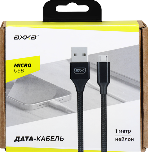 Дата-кабель AXXA USB – micro USB, 2А, 1м, нейлон, черный, Арт. 7261