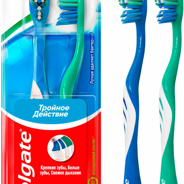 Зубная щетка Colgate Тройной действие средней жесткости 1 + 1, цвет в ассортименте