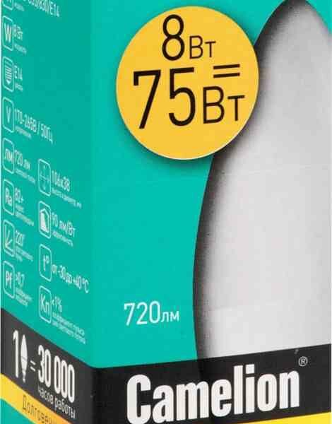 Лампа светодиодная Camelion E14 3000К теплый свет, свеча, 8 Вт