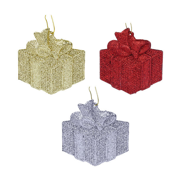 Сноу бум набор подвесок 3 шт. в виде подарков, глиттер, золото, серебро, красный, пластик, 7,5x7,5см